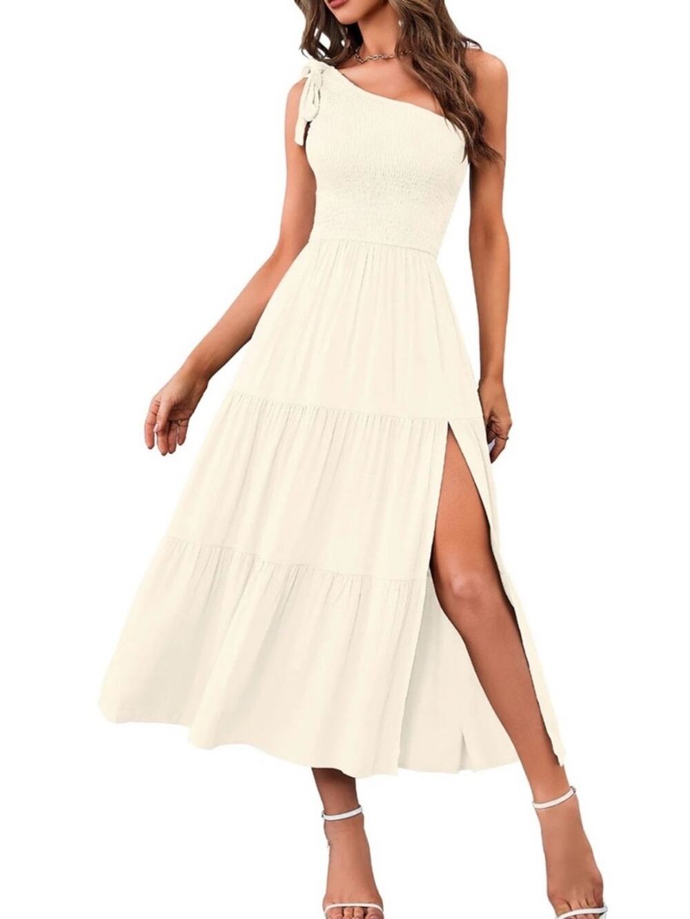 Merokeety Sz S Women’s One-Shoulder Cream Maxi Dress with Side Slit | NWT